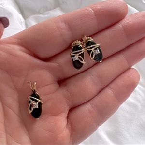 10K Yellow Gold Onyx & Diamond Earring & Pendant Set